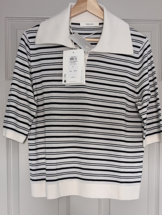 Selected Tops - Selected Striped Polo Knit Top in White and Black